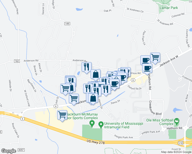 map of restaurants, bars, coffee shops, grocery stores, and more near 304 Heritage Drive in Oxford