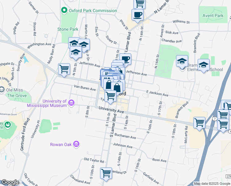 map of restaurants, bars, coffee shops, grocery stores, and more near Courthouse Square in Oxford