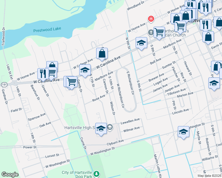 map of restaurants, bars, coffee shops, grocery stores, and more near 310 West Richardson Circle in Hartsville