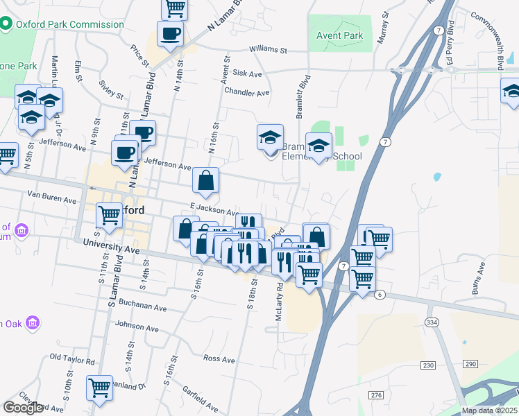 map of restaurants, bars, coffee shops, grocery stores, and more near 1740 Jefferson Avenue in Oxford
