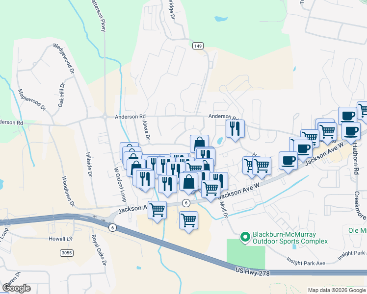 map of restaurants, bars, coffee shops, grocery stores, and more near 89 Aspen Loop in Oxford