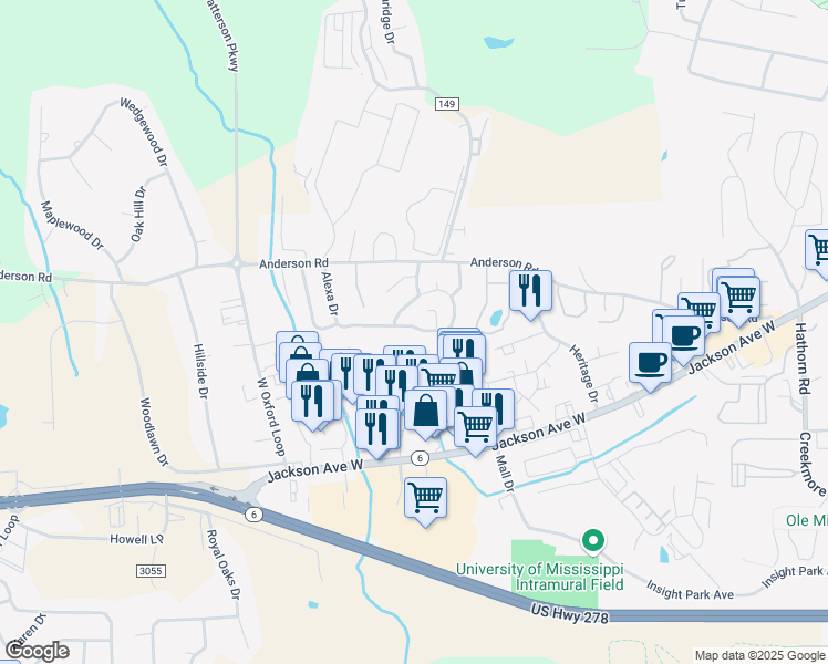map of restaurants, bars, coffee shops, grocery stores, and more near 89 Aspen Loop in Oxford