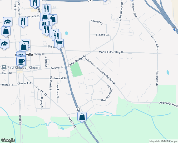 map of restaurants, bars, coffee shops, grocery stores, and more near 106 Barnsley Village Drive in Adairsville