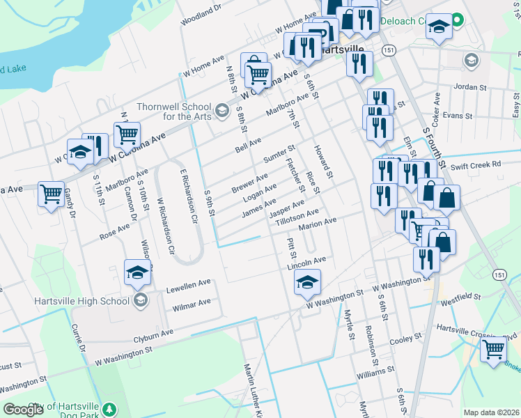 map of restaurants, bars, coffee shops, grocery stores, and more near 411 Logan Avenue in Hartsville