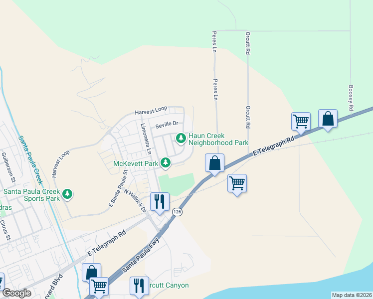map of restaurants, bars, coffee shops, grocery stores, and more near 428 Autumn Path Lane in Santa Paula