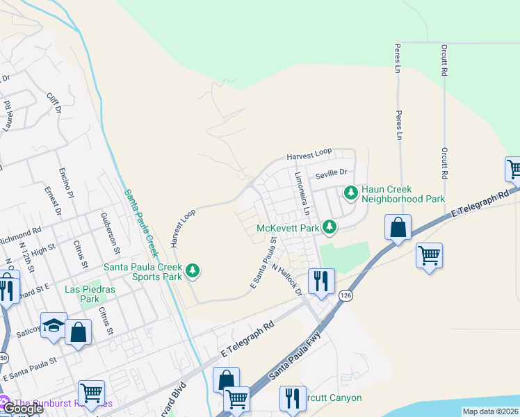 map of restaurants, bars, coffee shops, grocery stores, and more near 491 Santa Paula Street in Santa Paula