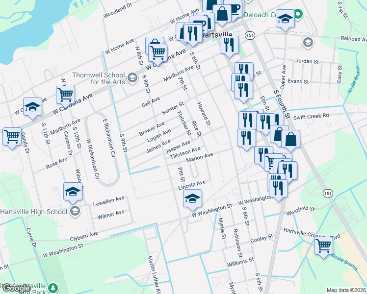 map of restaurants, bars, coffee shops, grocery stores, and more near 314 Jasper Avenue in Hartsville