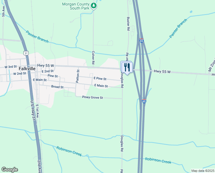 map of restaurants, bars, coffee shops, grocery stores, and more near 60 East Pine Street in Falkville
