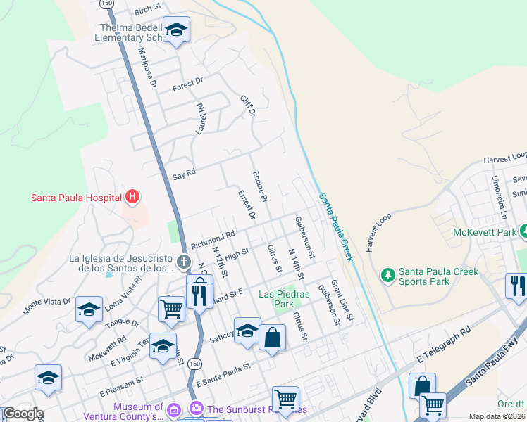 map of restaurants, bars, coffee shops, grocery stores, and more near 715 Encino Place in Santa Paula
