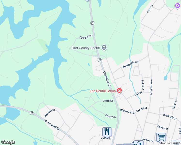 map of restaurants, bars, coffee shops, grocery stores, and more near 70 Golden Oaks Dr in Hartwell