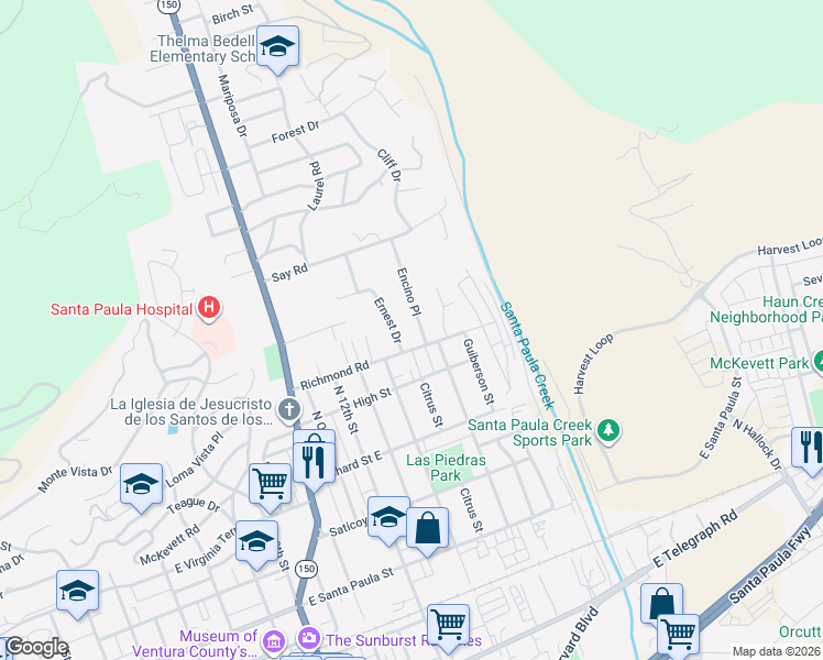 map of restaurants, bars, coffee shops, grocery stores, and more near 716 Encino Place in Santa Paula