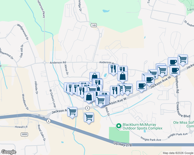 map of restaurants, bars, coffee shops, grocery stores, and more near 53 Aspen Loop in Oxford