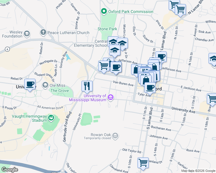 map of restaurants, bars, coffee shops, grocery stores, and more near 304 South 5th Street in Oxford