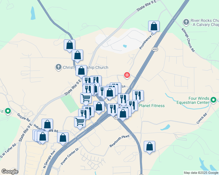 map of restaurants, bars, coffee shops, grocery stores, and more near 65 North 400 Center Lane in Dawsonville