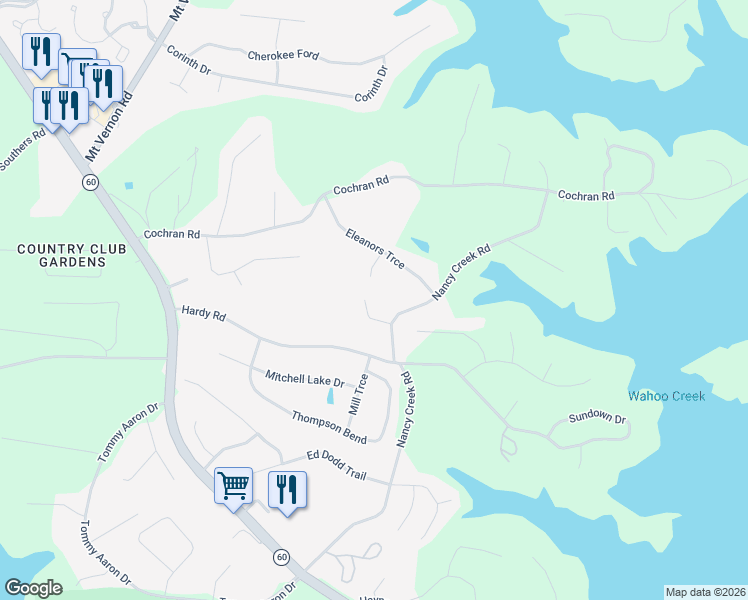 map of restaurants, bars, coffee shops, grocery stores, and more near 3520 Nancy Pl in Gainesville