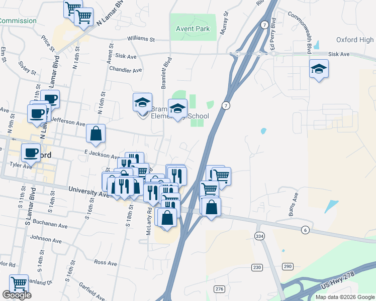 map of restaurants, bars, coffee shops, grocery stores, and more near 145-199 Grayson Street in Oxford