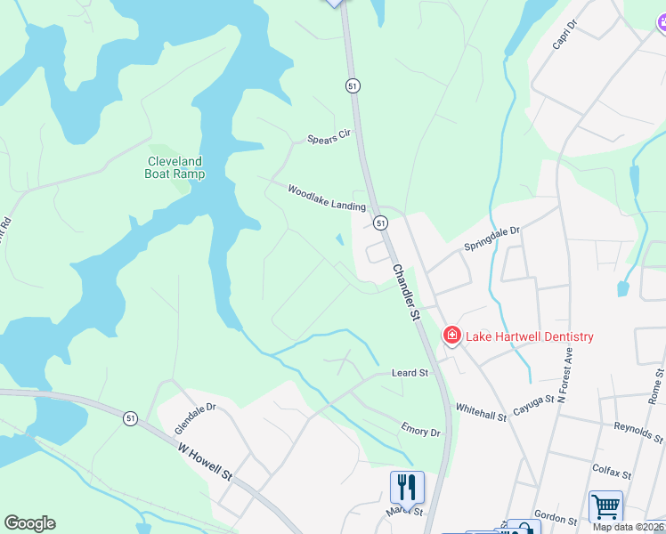 map of restaurants, bars, coffee shops, grocery stores, and more near 98 Golden Oaks Drive in Hartwell