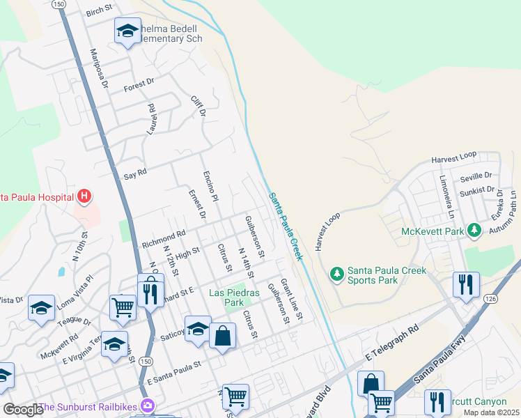 map of restaurants, bars, coffee shops, grocery stores, and more near 1500 Richmond Road in Santa Paula