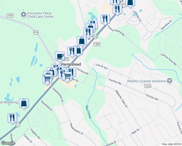 map of restaurants, bars, coffee shops, grocery stores, and more near 201 Factory Road in Hampstead