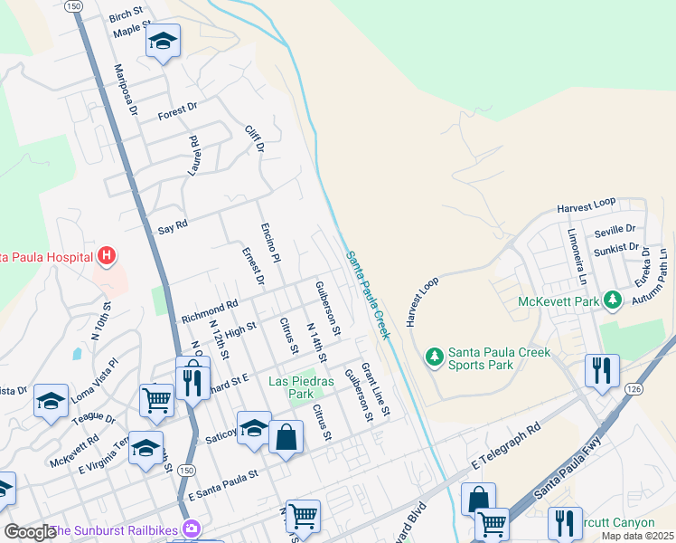 map of restaurants, bars, coffee shops, grocery stores, and more near 1500 Richmond Road in Santa Paula