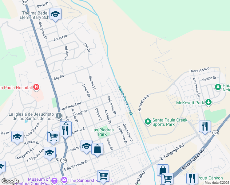 map of restaurants, bars, coffee shops, grocery stores, and more near 1500 Richmond Road in Santa Paula