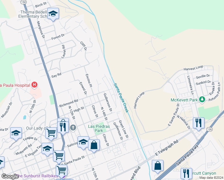 map of restaurants, bars, coffee shops, grocery stores, and more near 1570 Richmond Road in Santa Paula