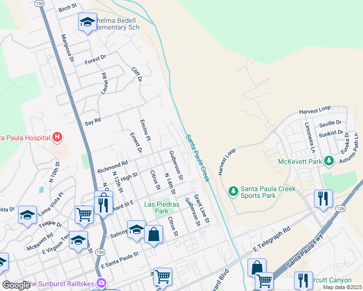map of restaurants, bars, coffee shops, grocery stores, and more near 1500 Richmond Road in Santa Paula