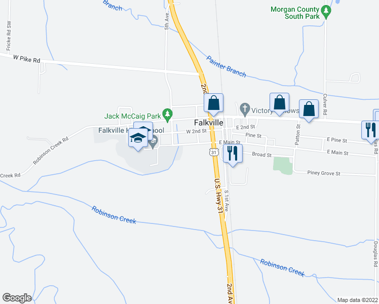 map of restaurants, bars, coffee shops, grocery stores, and more near 62 West 1st Street in Falkville