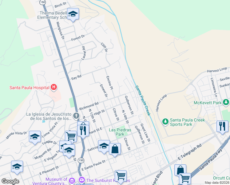 map of restaurants, bars, coffee shops, grocery stores, and more near 715 Encino Place in Santa Paula