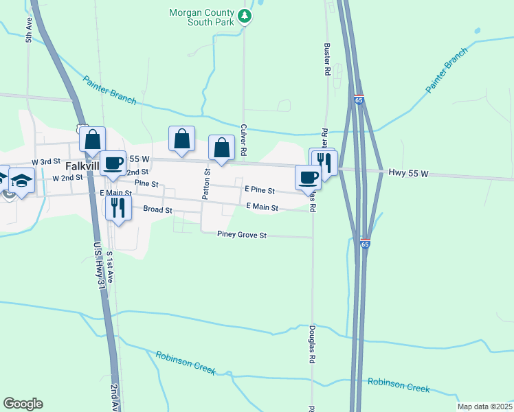 map of restaurants, bars, coffee shops, grocery stores, and more near 101 East Main Street in Falkville