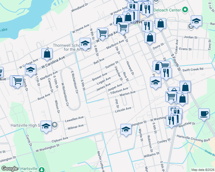 map of restaurants, bars, coffee shops, grocery stores, and more near 511 South 8th Street in Hartsville