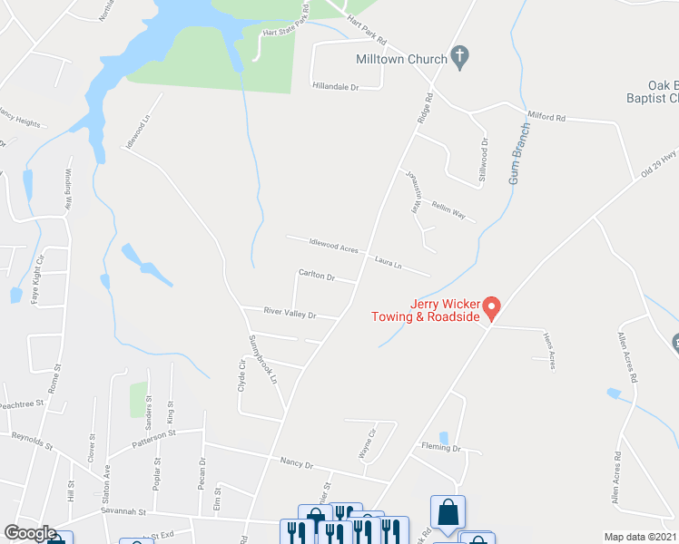 map of restaurants, bars, coffee shops, grocery stores, and more near 227 Carlton Drive in Hartwell