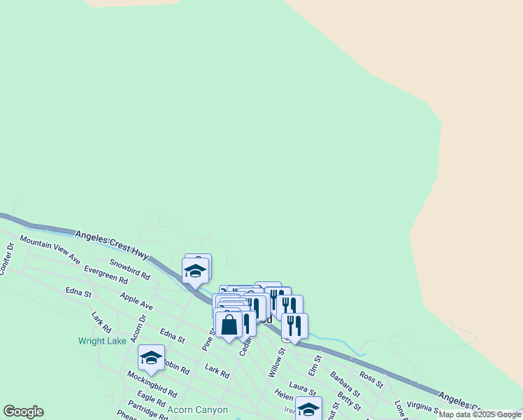 map of restaurants, bars, coffee shops, grocery stores, and more near 1248 Rivera Drive in Wrightwood