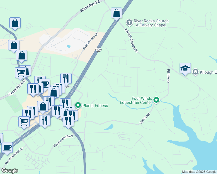 map of restaurants, bars, coffee shops, grocery stores, and more near 124 Phaeton Lane in Dawsonville