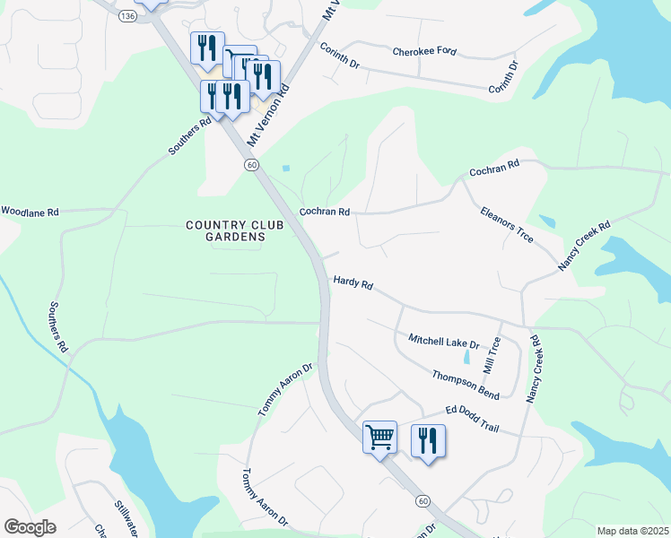 map of restaurants, bars, coffee shops, grocery stores, and more near 3505 Hardy Road in Gainesville