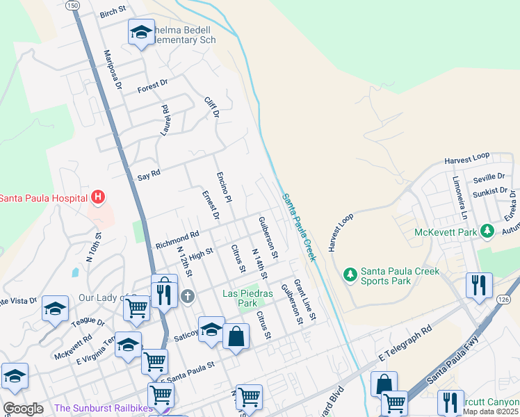 map of restaurants, bars, coffee shops, grocery stores, and more near 1431 Richmond Road in Santa Paula