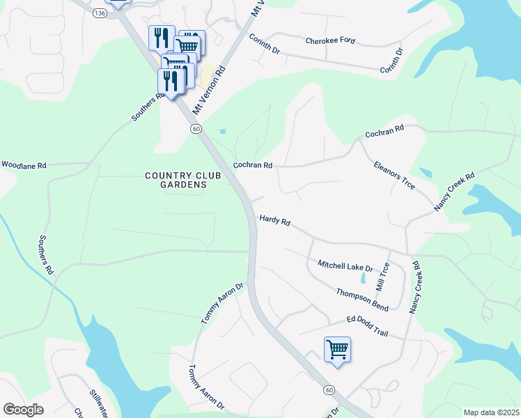 map of restaurants, bars, coffee shops, grocery stores, and more near 3505 Hardy Road in Gainesville