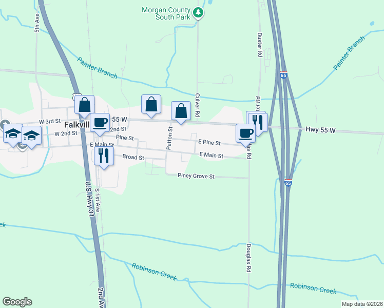 map of restaurants, bars, coffee shops, grocery stores, and more near 147 East Main Street in Falkville