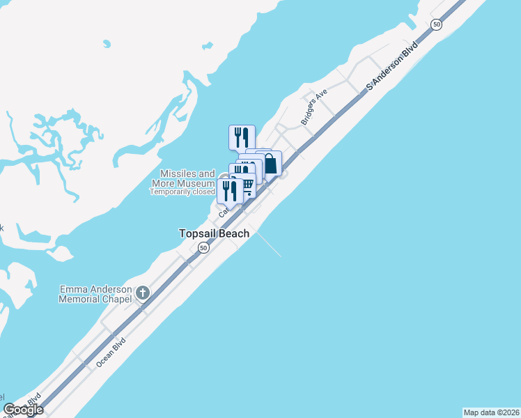 map of restaurants, bars, coffee shops, grocery stores, and more near 711 Ocean Boulevard in Topsail Beach
