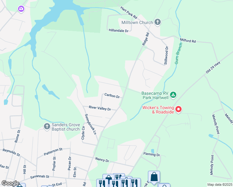 map of restaurants, bars, coffee shops, grocery stores, and more near 227 Carlton Drive in Hartwell