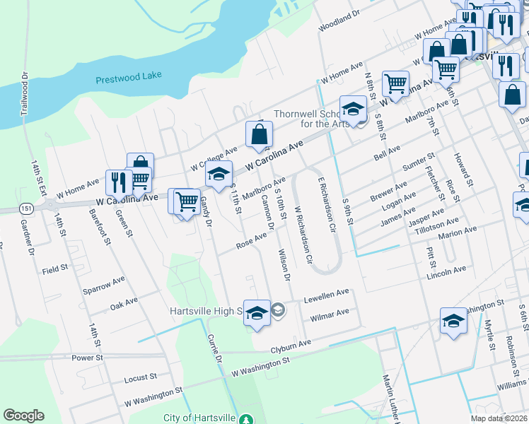 map of restaurants, bars, coffee shops, grocery stores, and more near 216 Cannon Dr in Hartsville