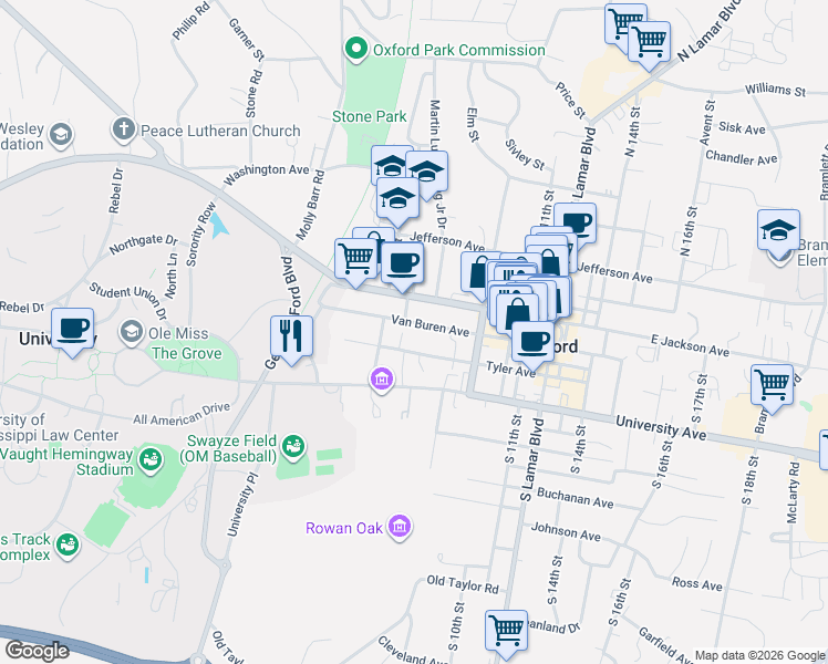 map of restaurants, bars, coffee shops, grocery stores, and more near 610 Van Buren Avenue in Oxford