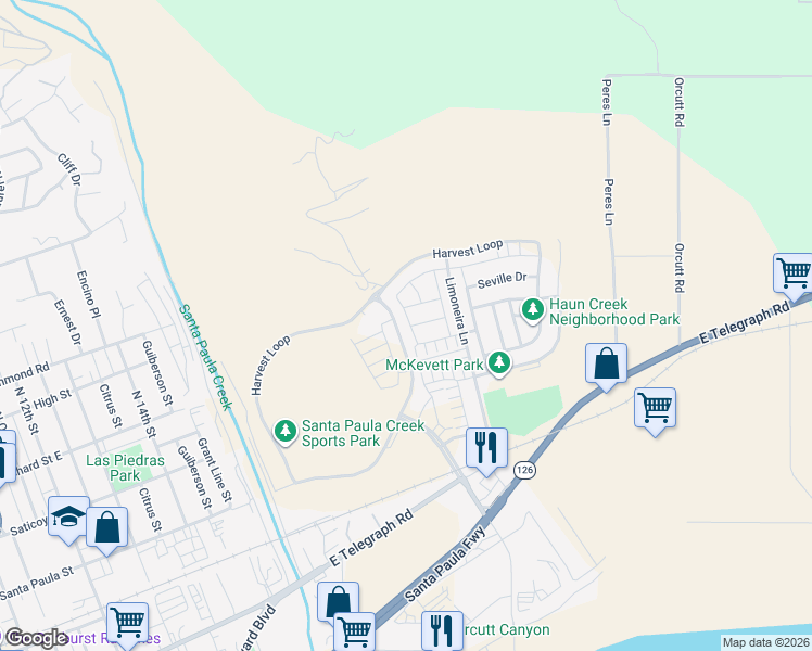map of restaurants, bars, coffee shops, grocery stores, and more near 490 Jubilee Place in Santa Paula