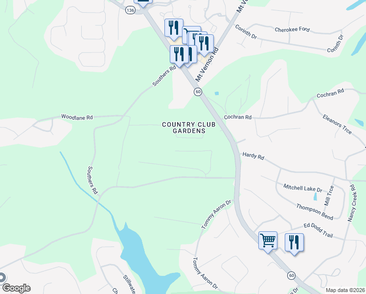 map of restaurants, bars, coffee shops, grocery stores, and more near 3548 Meadow Lane in Gainesville