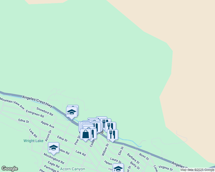 map of restaurants, bars, coffee shops, grocery stores, and more near 1135 Rivera Drive in Wrightwood
