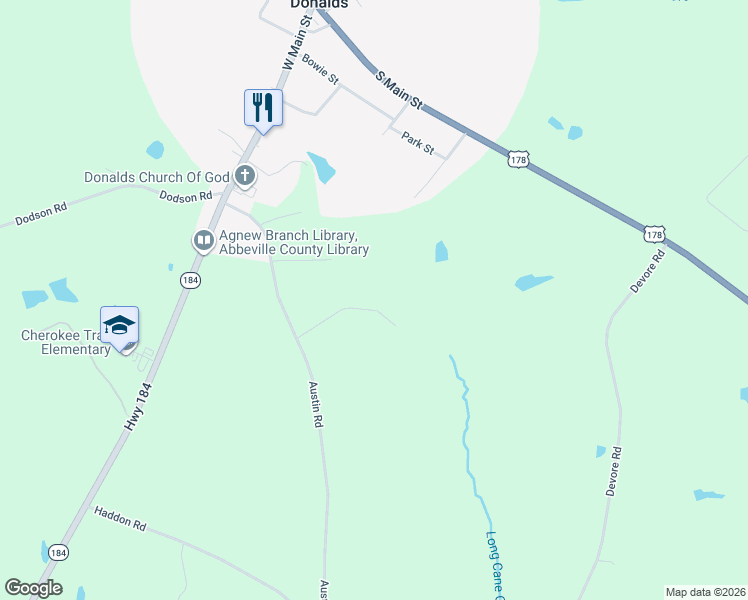 map of restaurants, bars, coffee shops, grocery stores, and more near 79-99 Rock Knoll Lane in Donalds