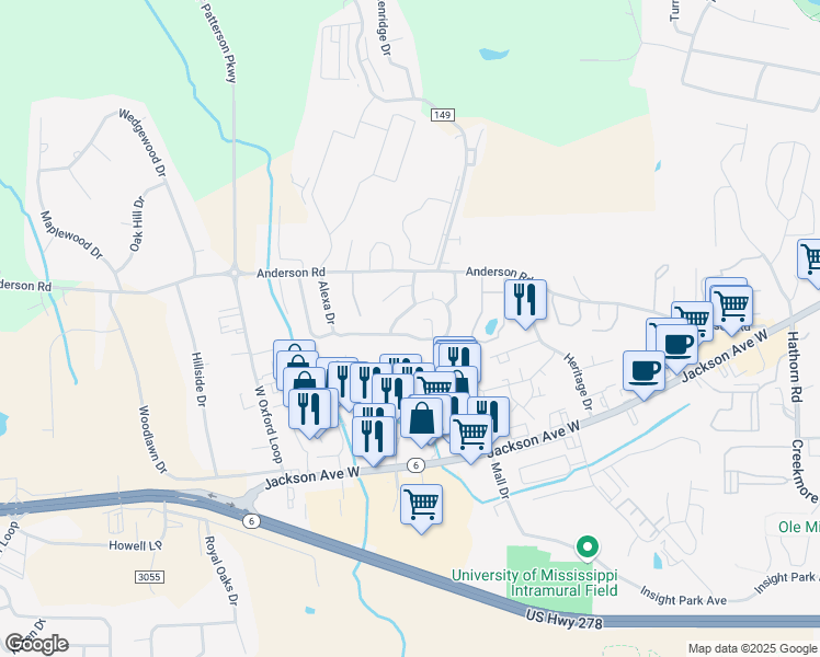 map of restaurants, bars, coffee shops, grocery stores, and more near 89 Aspen Loop in Oxford