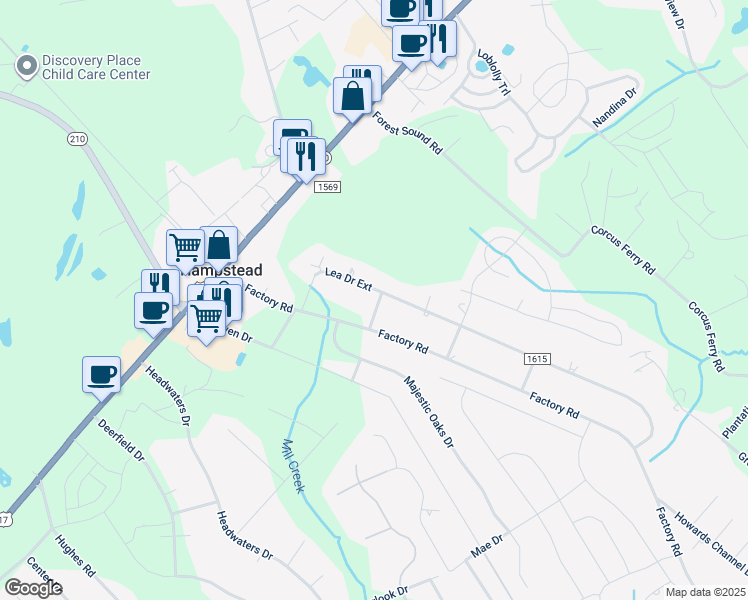 map of restaurants, bars, coffee shops, grocery stores, and more near 727 Lea Drive in Hampstead