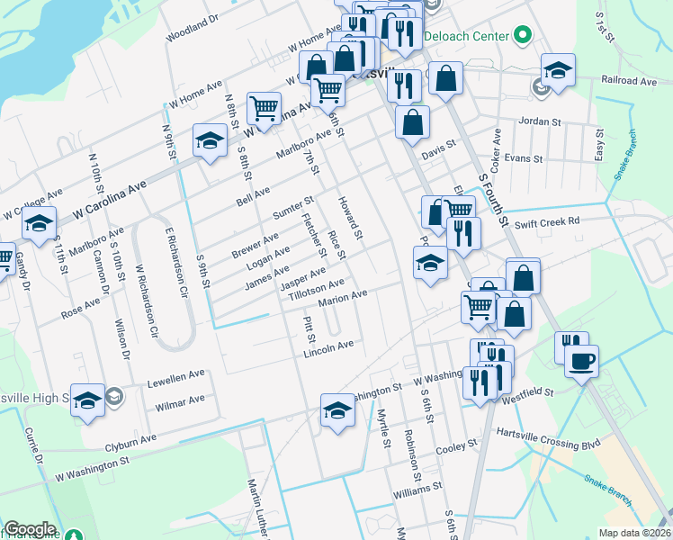 map of restaurants, bars, coffee shops, grocery stores, and more near 606 Rice Street in Hartsville