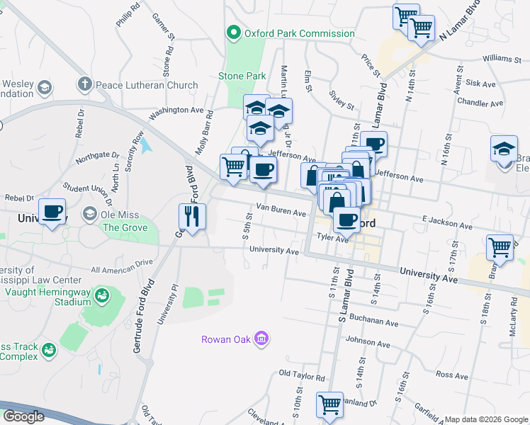 map of restaurants, bars, coffee shops, grocery stores, and more near 610 Van Buren Avenue in Oxford